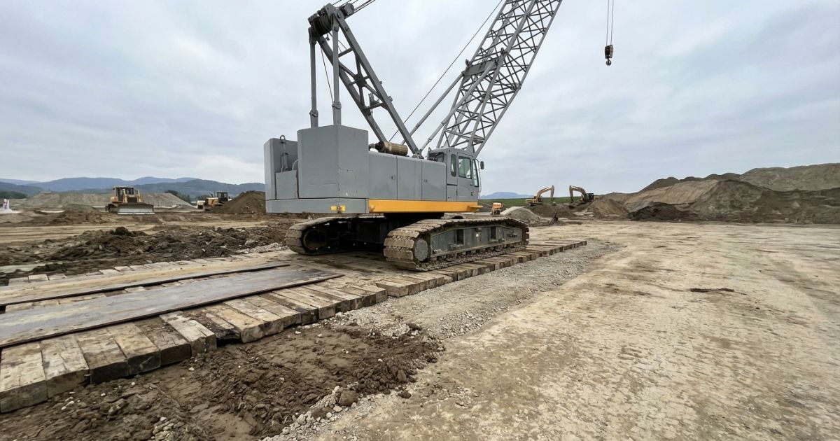 不整地の現場に据え付けられたクローラークレーンの作業イメージ