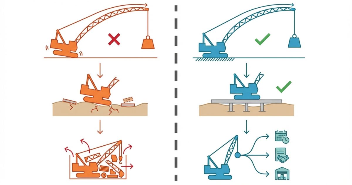 作業半径と地盤と搬入条件の見落としによる失敗と回避を示す図解