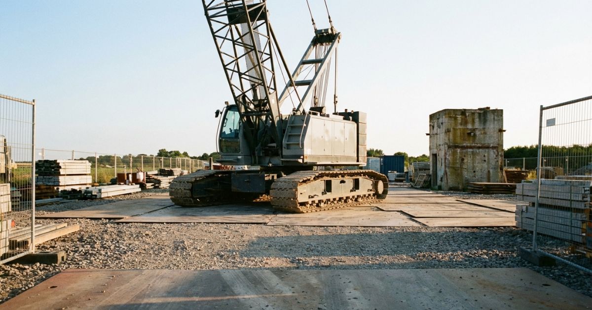 クローラークレーンの設置現場で入る・置ける・旋回できるかを連想できる写真イメージ