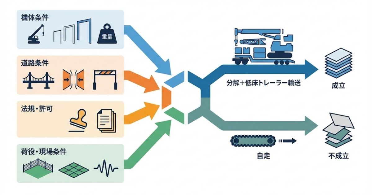 クローラークレーンの運搬準備と低床トレーラー輸送の現場イメージ