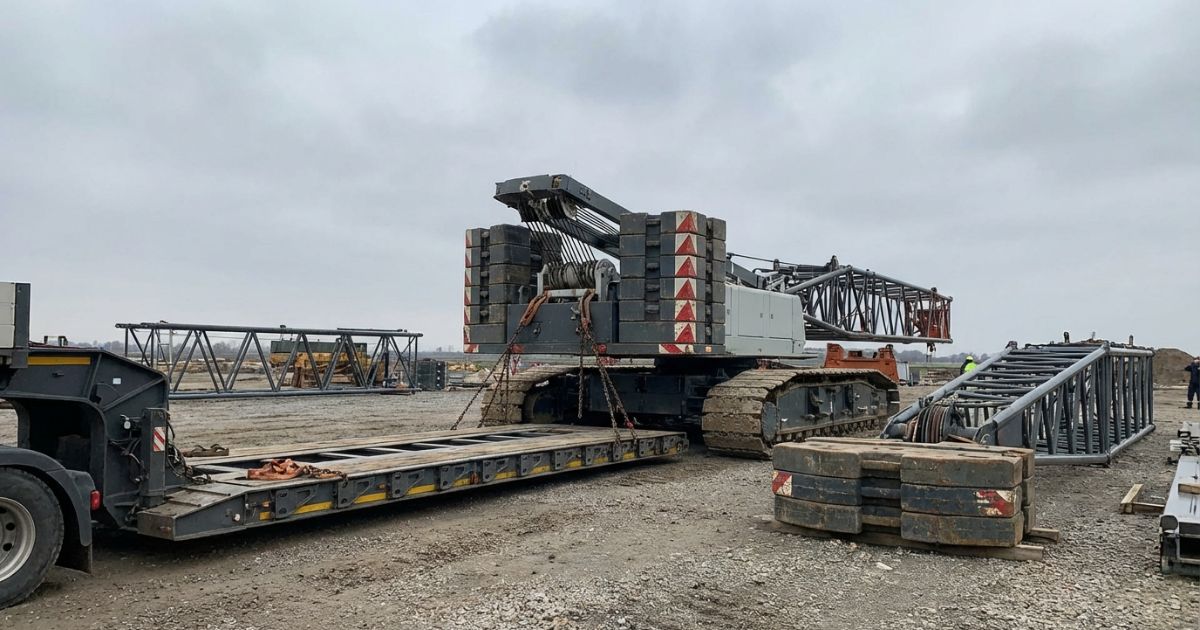 クローラークレーンの運搬準備と低床トレーラー輸送の現場イメージ