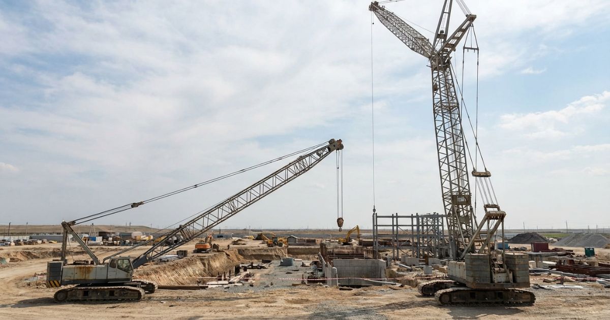 直ブーム式とタワー式のクローラークレーンを現場イメージで並べた写真