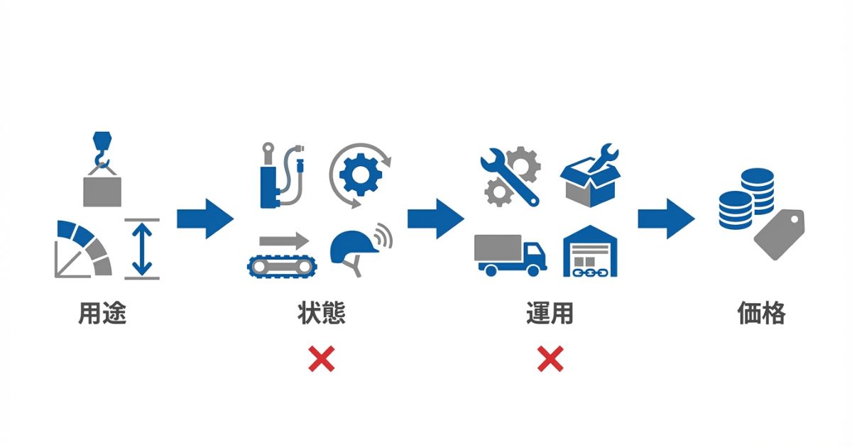 用途状態運用価格の順で判断すれば中古クローラークレーン購入の失敗を防げることを示す図解