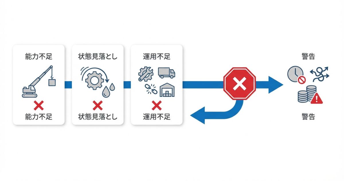 能力不足や状態見落としや運用不足による中古購入の失敗パターンと回避分岐を示す図解