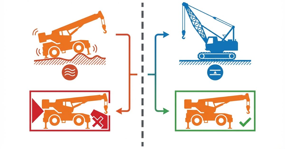 現場条件に合わないクレーン選定で起きる失敗と回避を示した図解