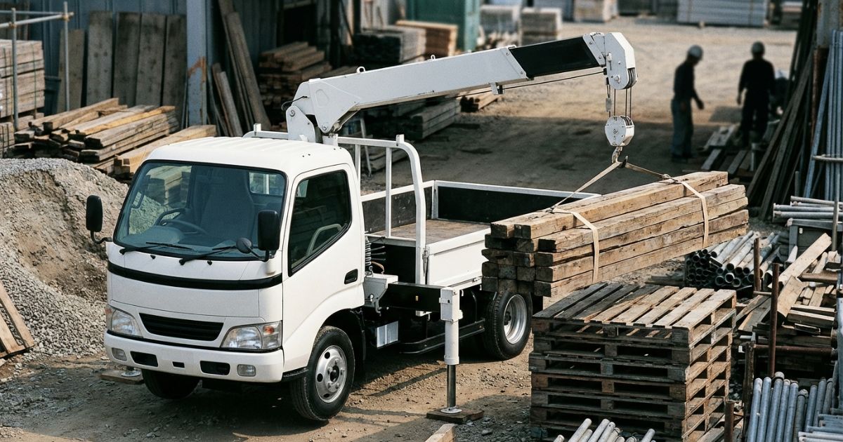 小型のクレーン付きトラックが現場で軽量資材を扱うアイキャッチ写真