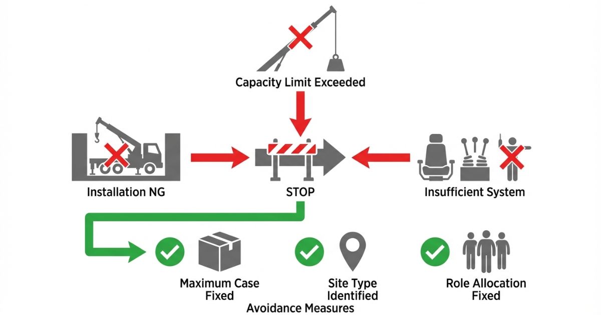 アウトリガ不足と能力境界超えと体制不足で稼働停止する失敗要因と回避策の文字なし図解