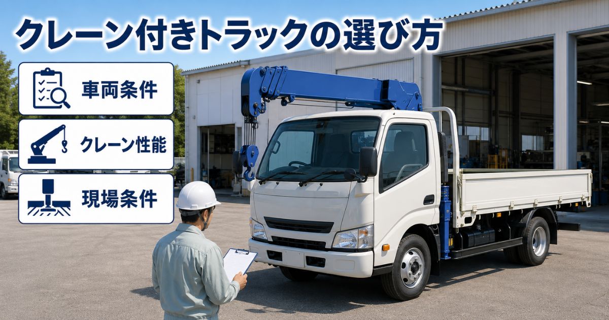 小型クレーン付きトラックと担当者が車両条件・クレーン性能・現場条件を確認する場面