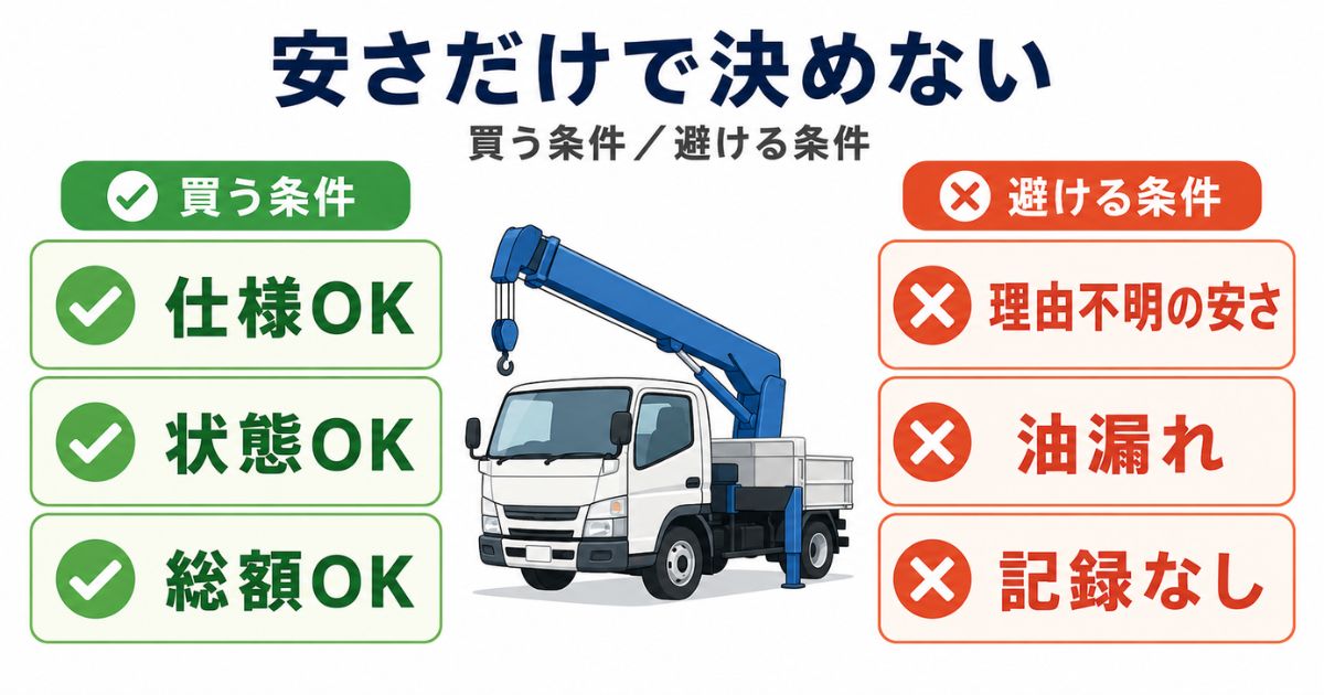 日野デュトロの中古クレーン付きトラックを安さだけで決めず買う条件と避ける条件で比較する図解