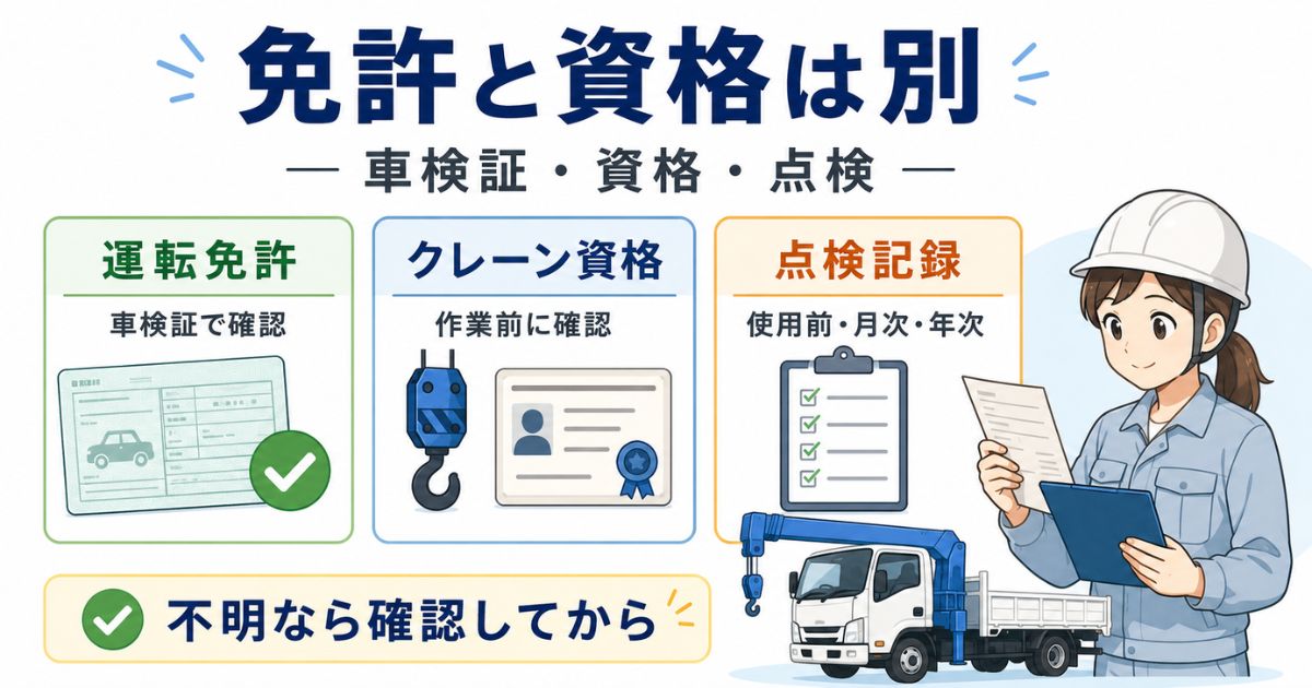 日野デュトロの中古クレーン付きトラックで運転免許とクレーン資格と点検記録を分けて確認する図解