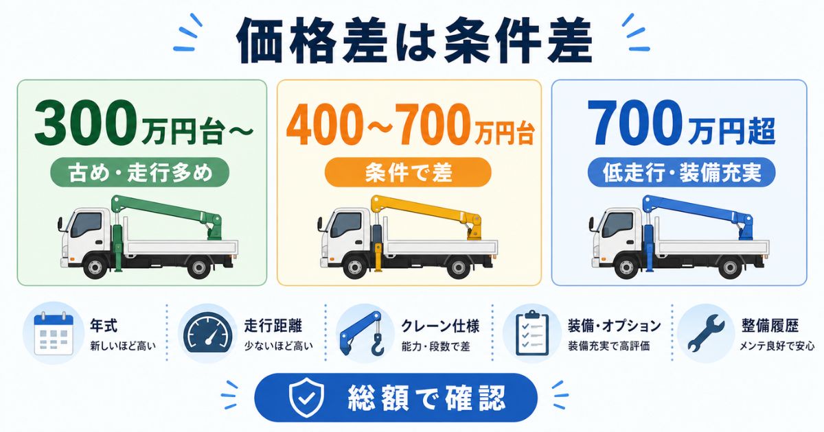 日野デュトロの中古クレーン付きトラックの価格帯を300万円台から1000万円超まで条件別に整理した図解
