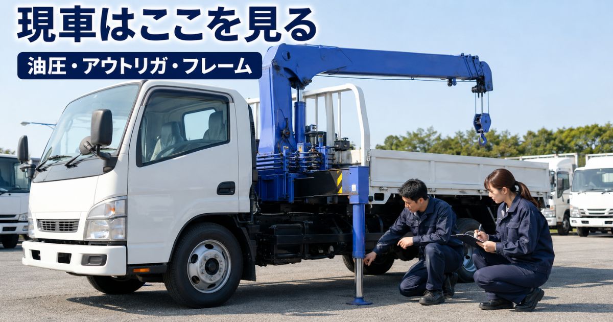 日野デュトロの中古クレーン付きトラックを購入前に油圧とアウトリガとフレームを現車確認する写真風画像