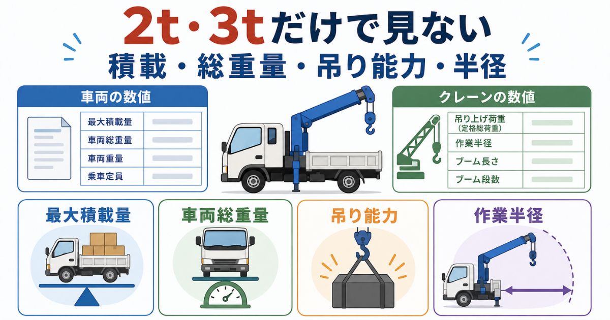 日野デュトロの中古クレーン付きトラックで2t3t表記と積載量と吊り能力と作業半径を分けて確認する図解