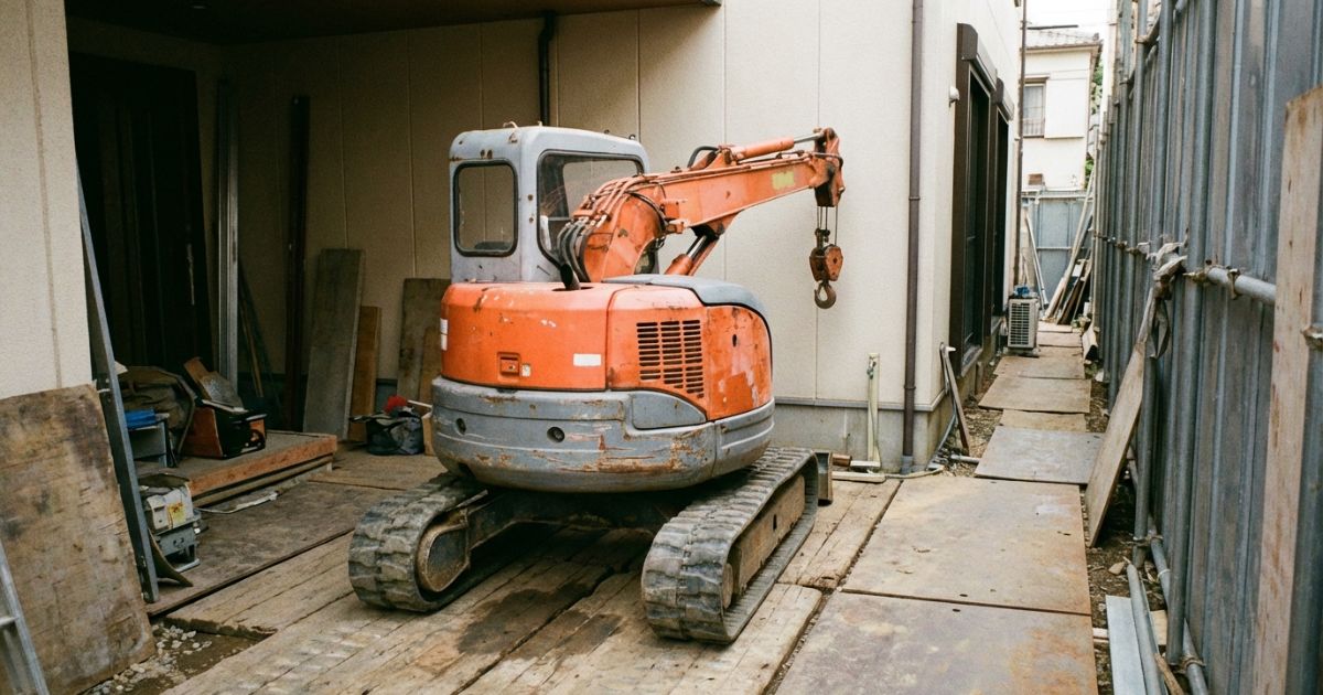 狭小地や半屋内の現場で作業準備をする小型ミニクローラークレーンのイメージ