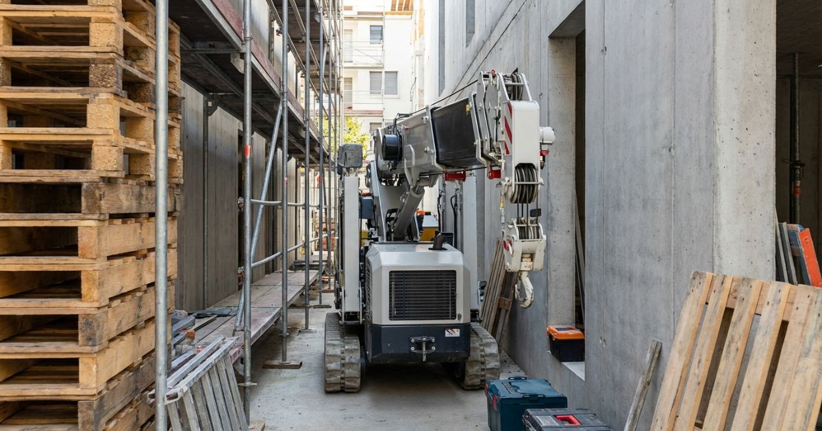 ミニクローラークレーンのサイズ感と使用イメージが分かる現場での写真