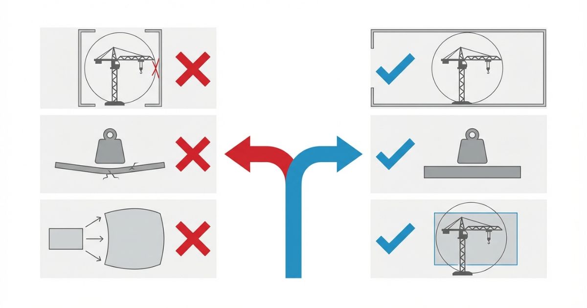 寸法だけ判断で起きる失敗と重量・旋回・占有の確認で回避する分岐を示す図解