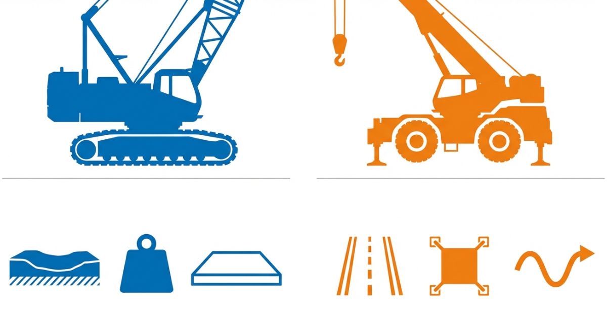 地盤と設置条件でクローラーとラフターを使い分ける判断軸を示す図解