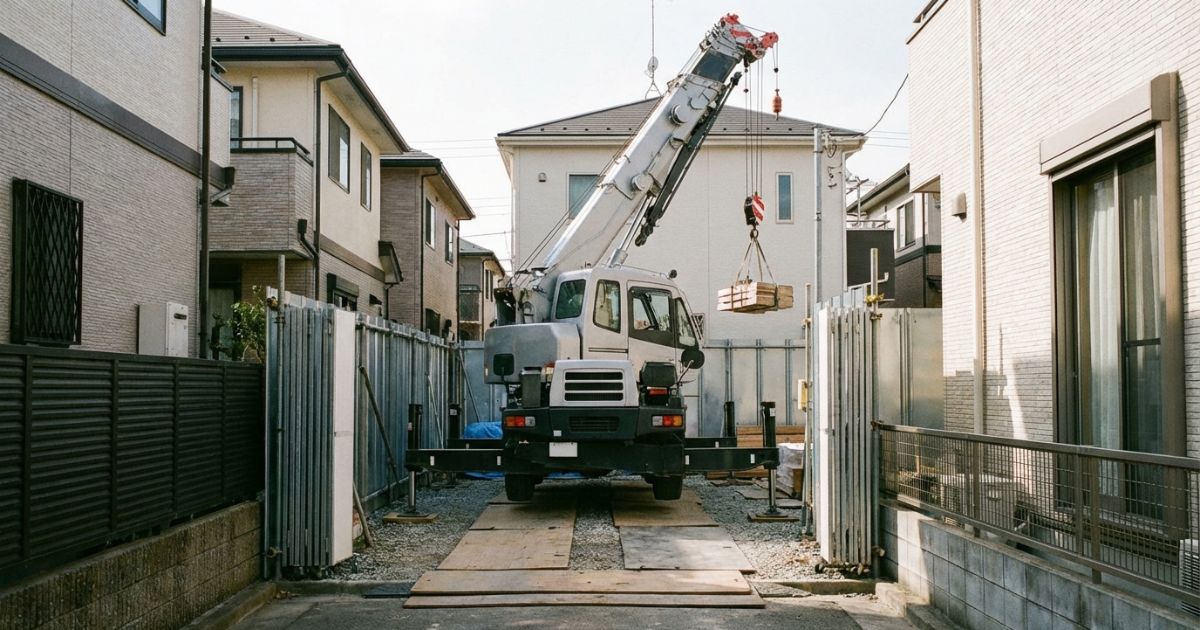 狭所の小規模現場で据え付けられた13tクラスのラフテレーンクレーンの写真