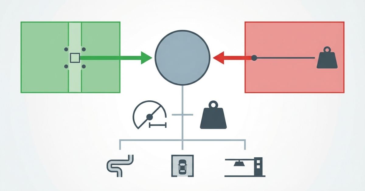 13tが狭所に向く一方で用途が限定される判断軸を示す文字なし図解