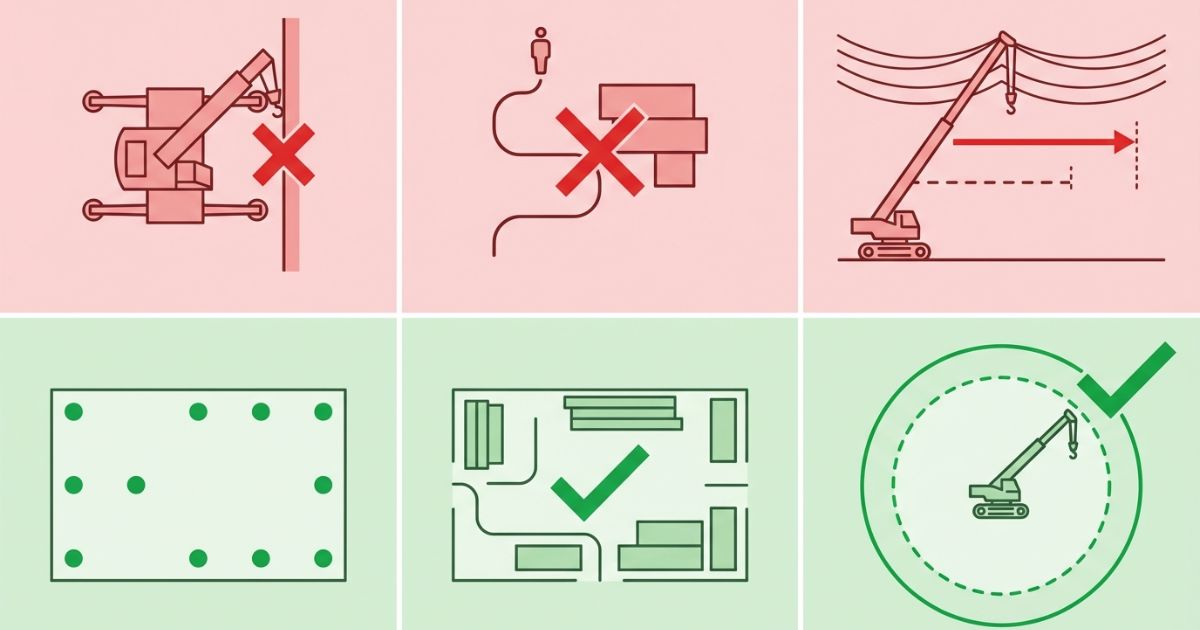 狭所で起きやすい失敗パターンと回避策を対応で示す文字なし図解