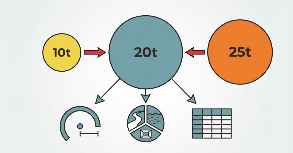 20tが10tと25tの中間で過不足を減らす判断軸を示す文字なし図解