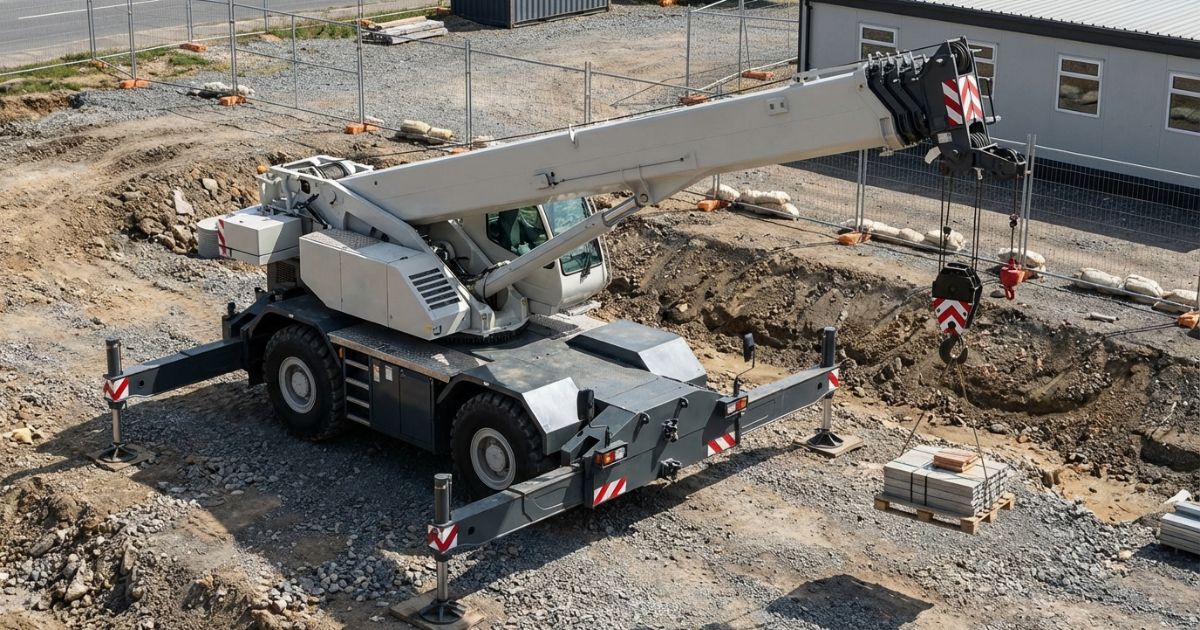 不整地の現場に設置されたラフテレーンクレーンの写真アイキャッチ