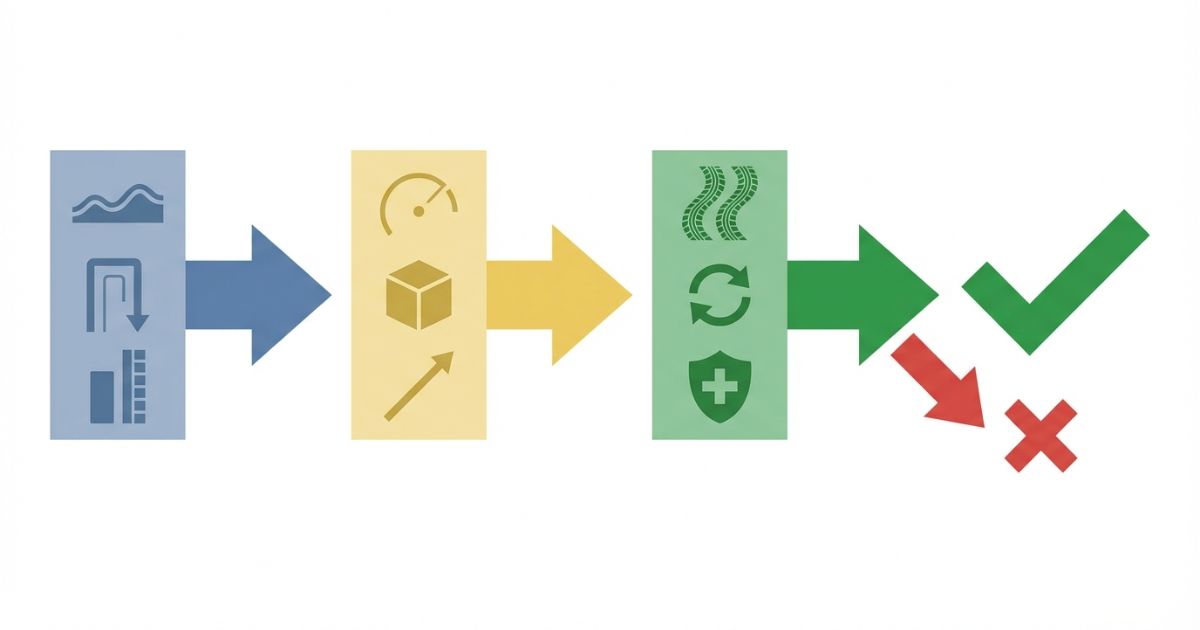 現場条件から作業条件と運用前提へ進むラフテレーンクレーン選定の判断軸を示す文字なし図解
