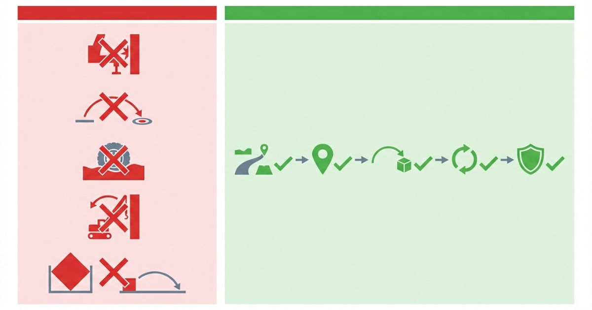 設置不可や半径不足や路面沈下などの失敗例と回避手順を整理した文字なし図解