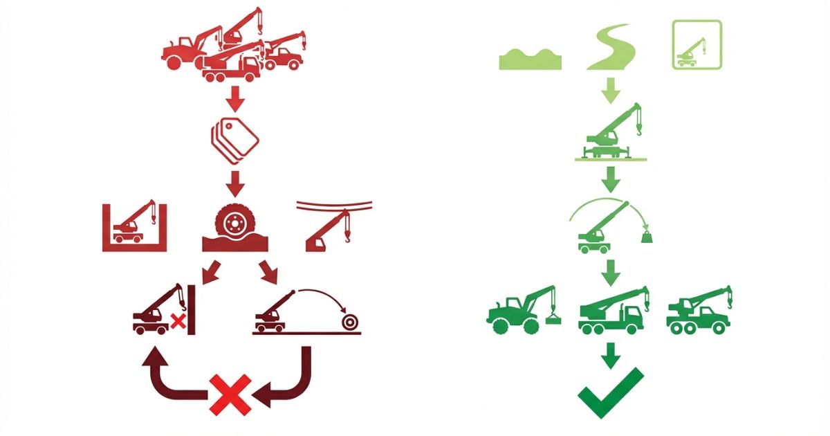 機種名で決めて混同すると再手配になる流れと回避手順を示す文字なし図解