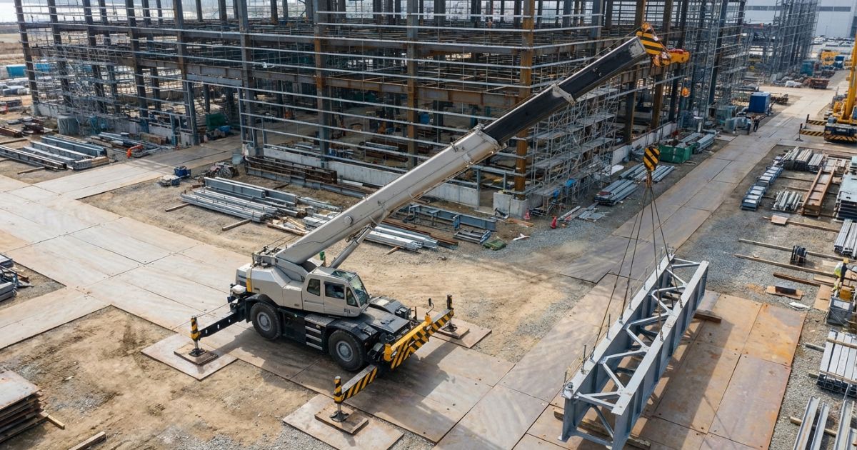 大型工事の現場で稼働する60tクラスのラフテレーンクレーンの写真