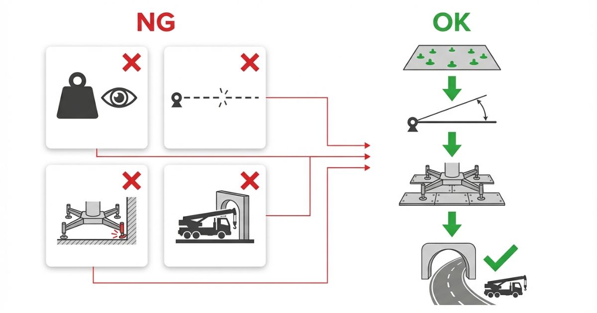 大型工事で起きやすい選定ミスと回避の流れを示す文字なし図解