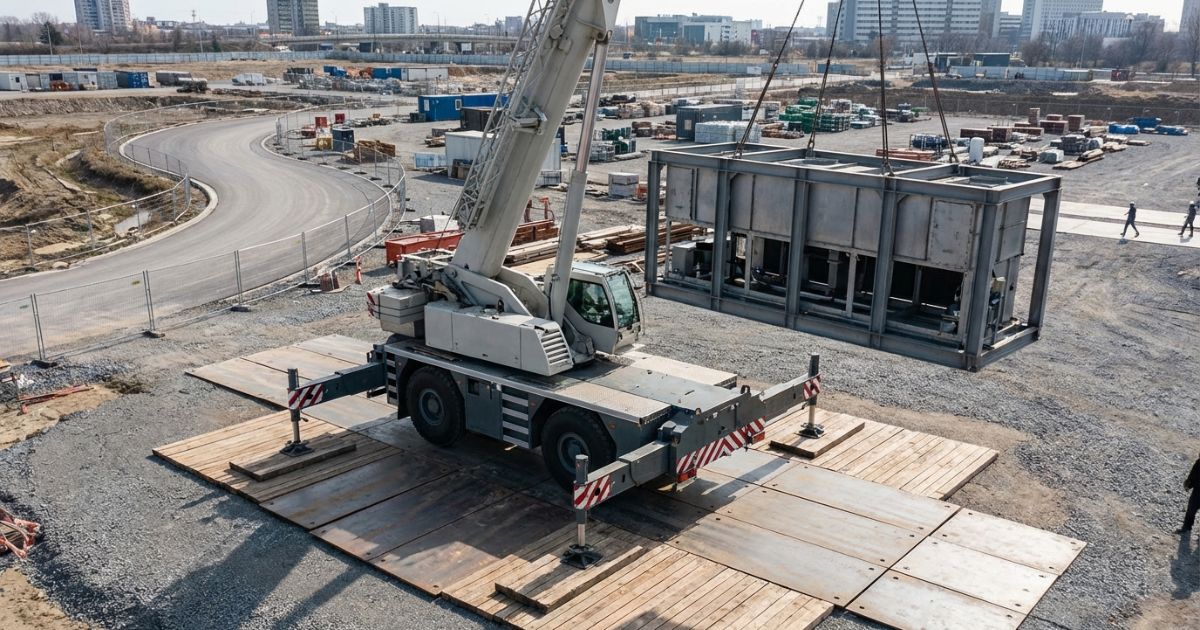大型現場で稼働する70tクラスのラフテレーンクレーンの写真