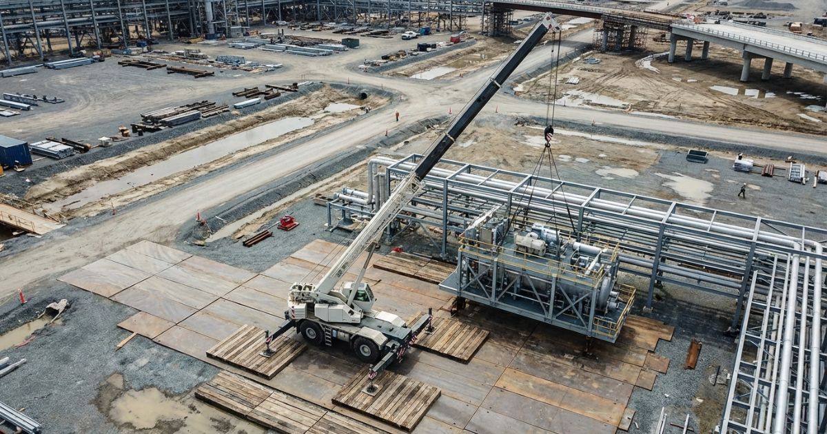 超大型案件で稼働する80tクラスのラフテレーンクレーンの写真