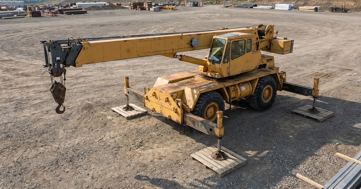 ラフテレーンクレーンの作業半径をイメージできる据付とブーム姿勢の現場写真