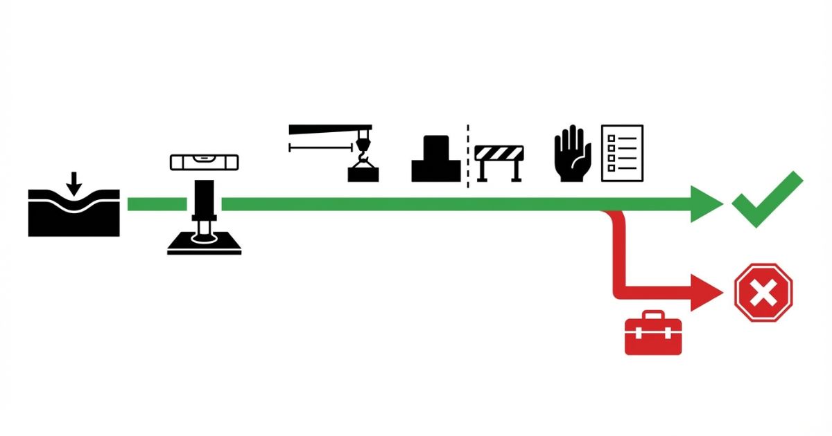 地盤と設置と作業条件などの確認が揃わない場合は対策追加または中止に分岐する文字なし図解