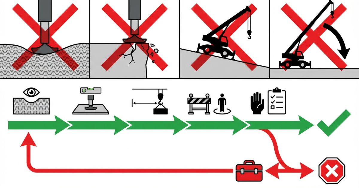 敷板なしや端部設置や傾斜や半径の無理など転倒リスクの失敗例と回避手順を示す文字なし図解