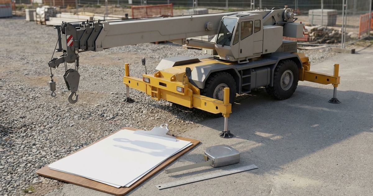 ラフテレーンクレーンと無地の書類や定規を配置し規格確認の実務感を表現した写真アイキャッチ