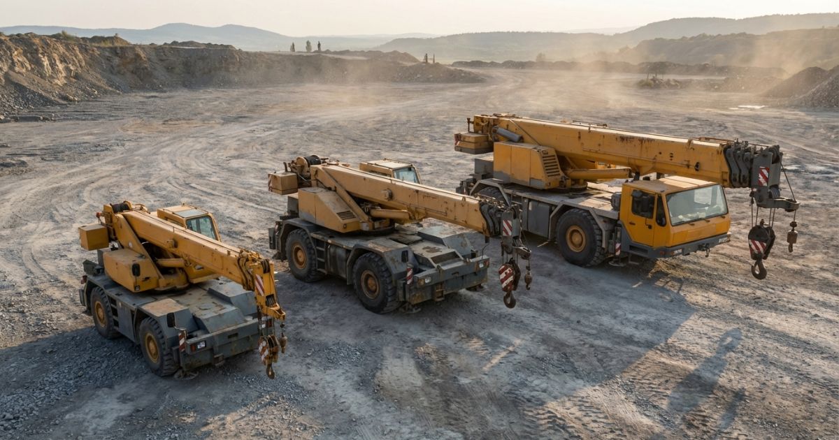 ラフテレーンクレーンをサイズ違いで並べトン数別の種類イメージを伝える写真アイキャッチ