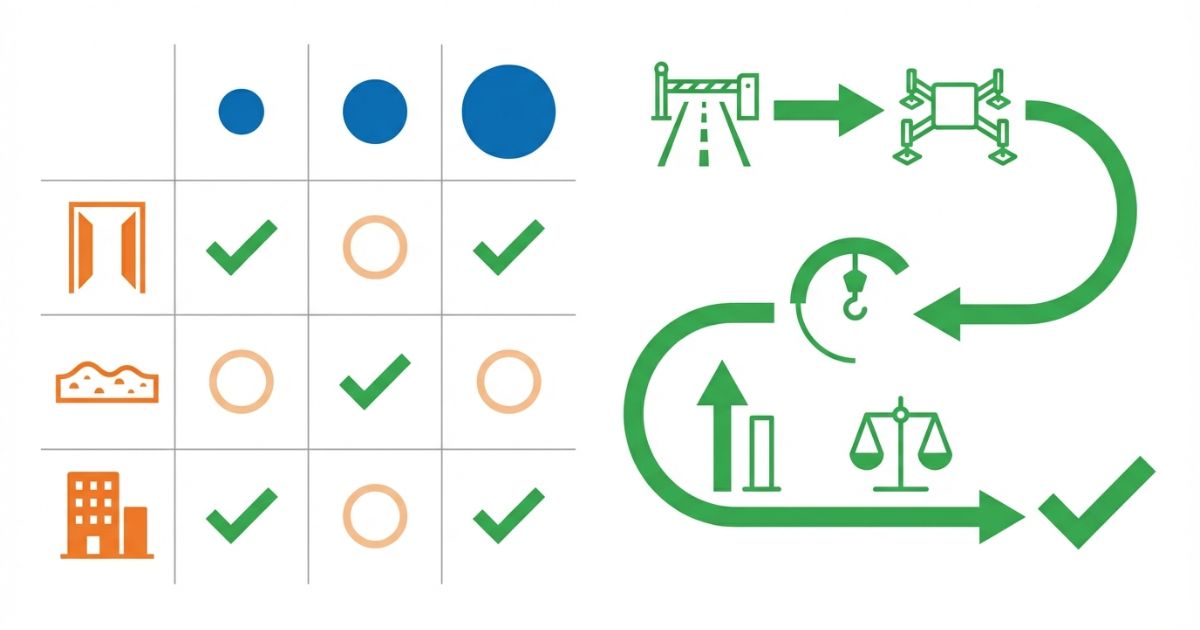 トン数と用途のマトリクスと現場条件から選ぶ手順を示す文字なし図解