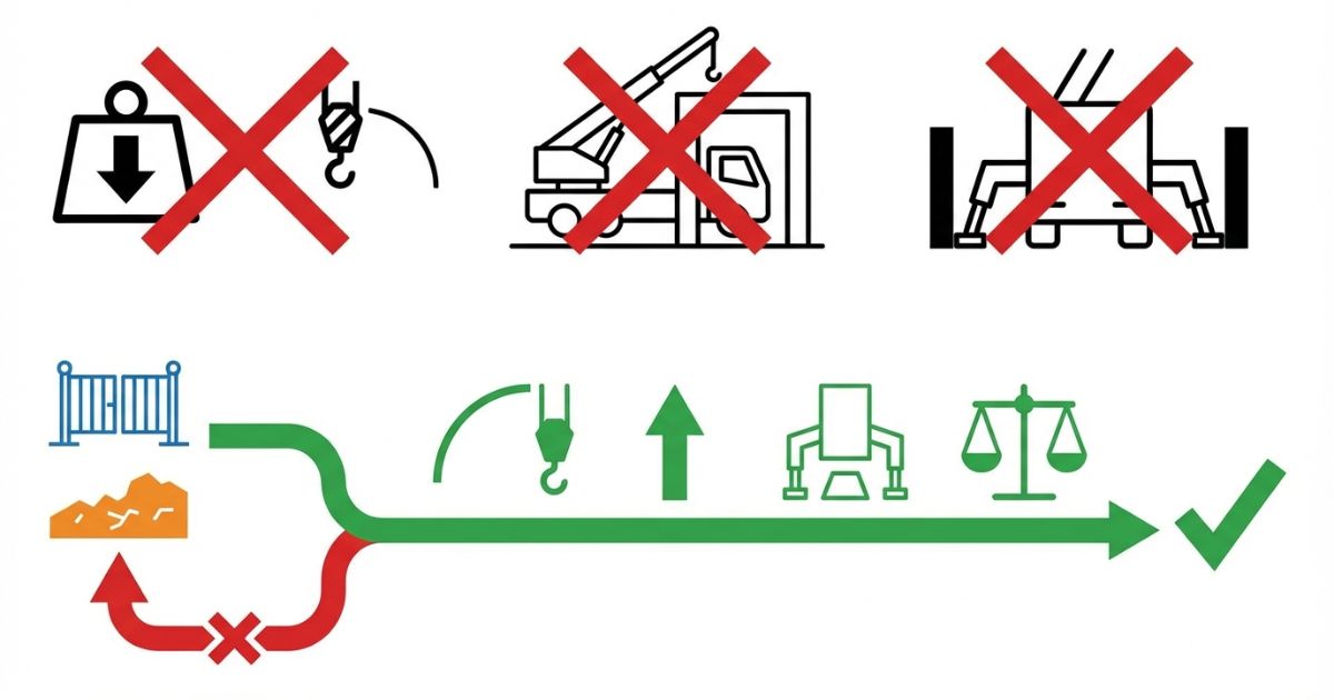 トン数だけで選ぶ失敗例と半径搬入設置を先に確認する回避手順を示す文字なし図解