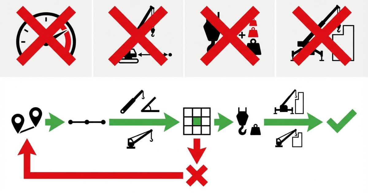 最大値誤解や半径増加や重量見落としなどの失敗と回避手順を示す文字なし図解