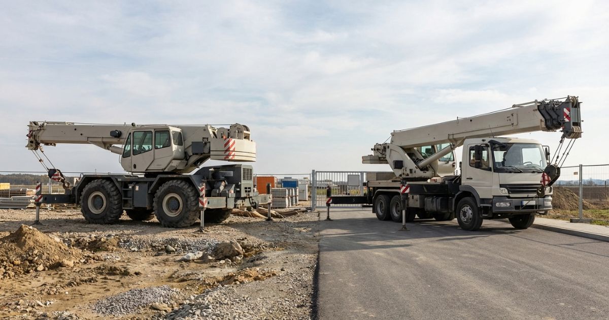 不整地側のラフテレーンクレーンと舗装側のトラッククレーンを同一画角で示す写真アイキャッチ