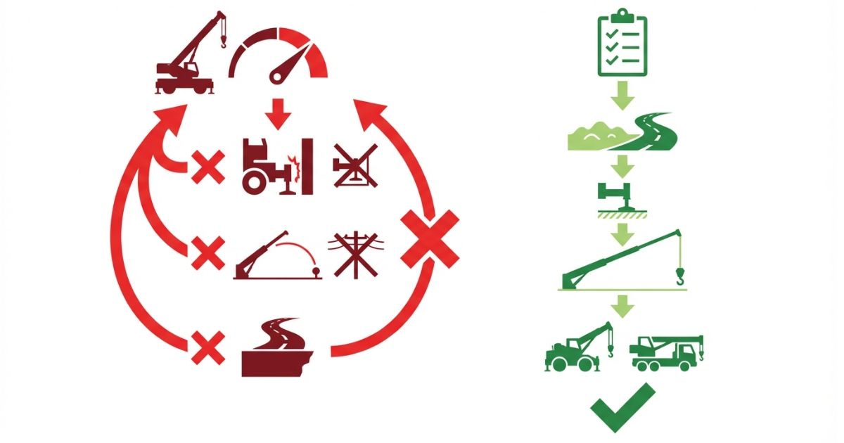 最大能力だけで決めて据付や作業半径を見落とす失敗と回避手順を示す文字なし図解