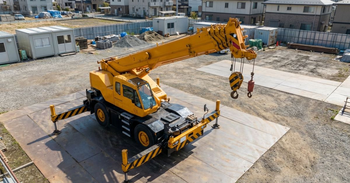 25tラフテレーンクレーンが中規模現場でアウトリガー展開して待機する写真