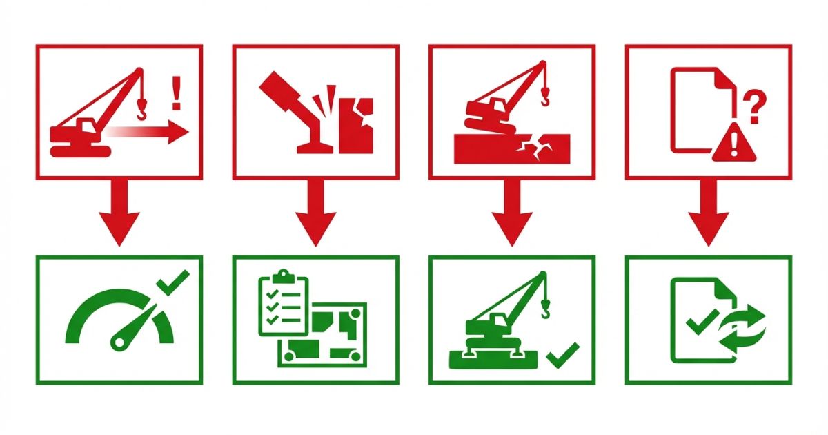 作業半径・設置・地盤・情報不足の失敗例と回避策を対応させた文字なし図解