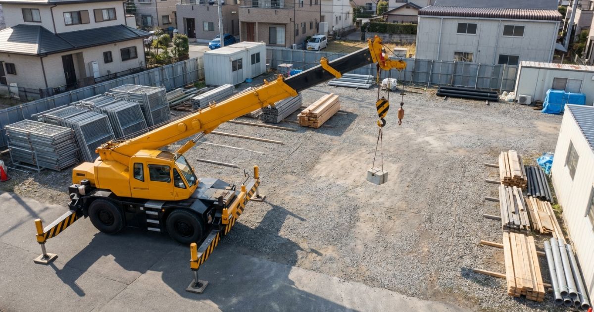 25tラフテレーンクレーンが現場で作業半径の距離感を示す構図の写真