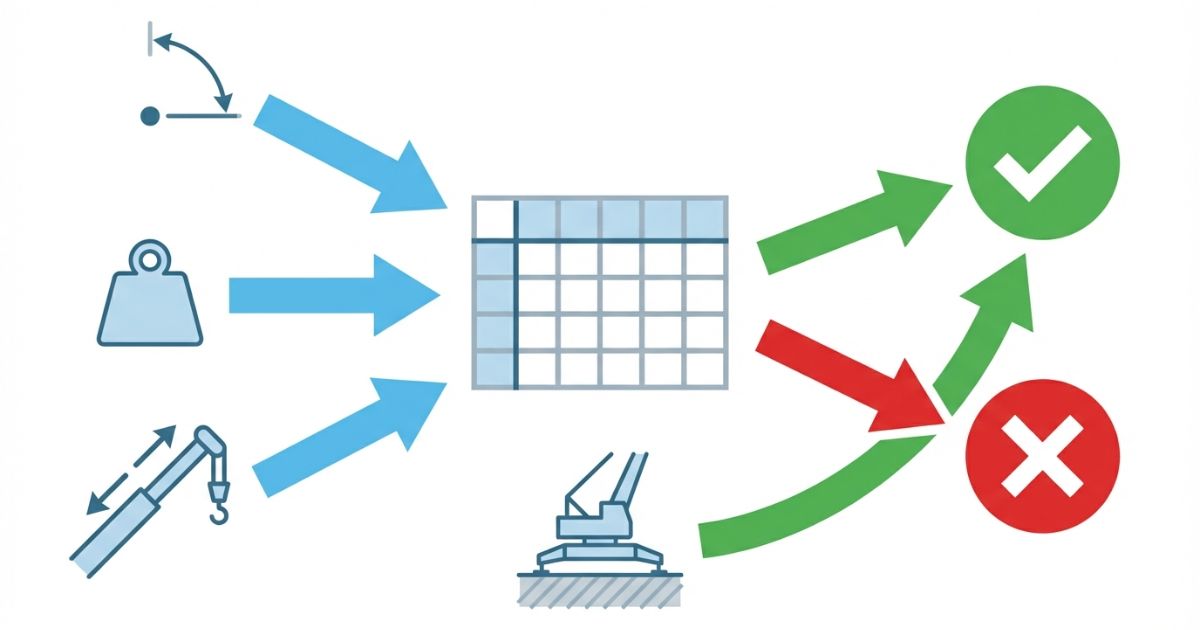 作業半径は能力表と条件で成立が決まることを示す文字なし図解