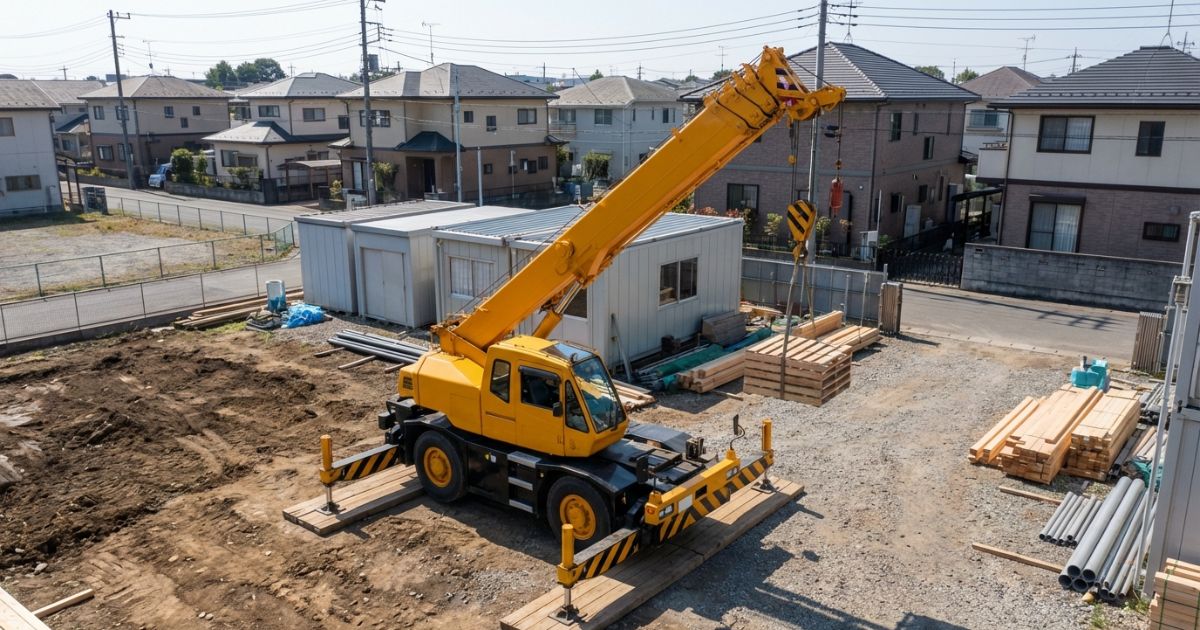小規模工事現場で稼働準備中の7tクラスのラフテレーンクレーンの写真