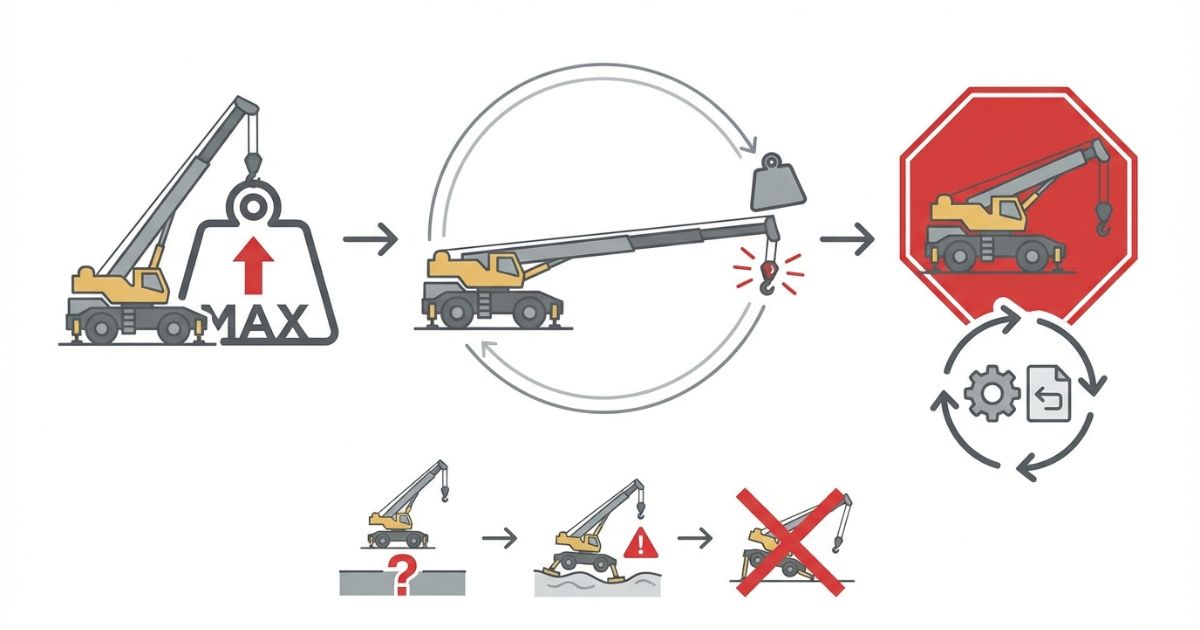 最大吊りだけで決めるなどの失敗例と中止リスクを可視化した文字なし図解