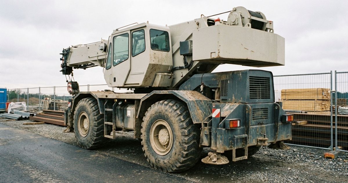 ラフテレーンクレーンが現場で待機している全体像の写真